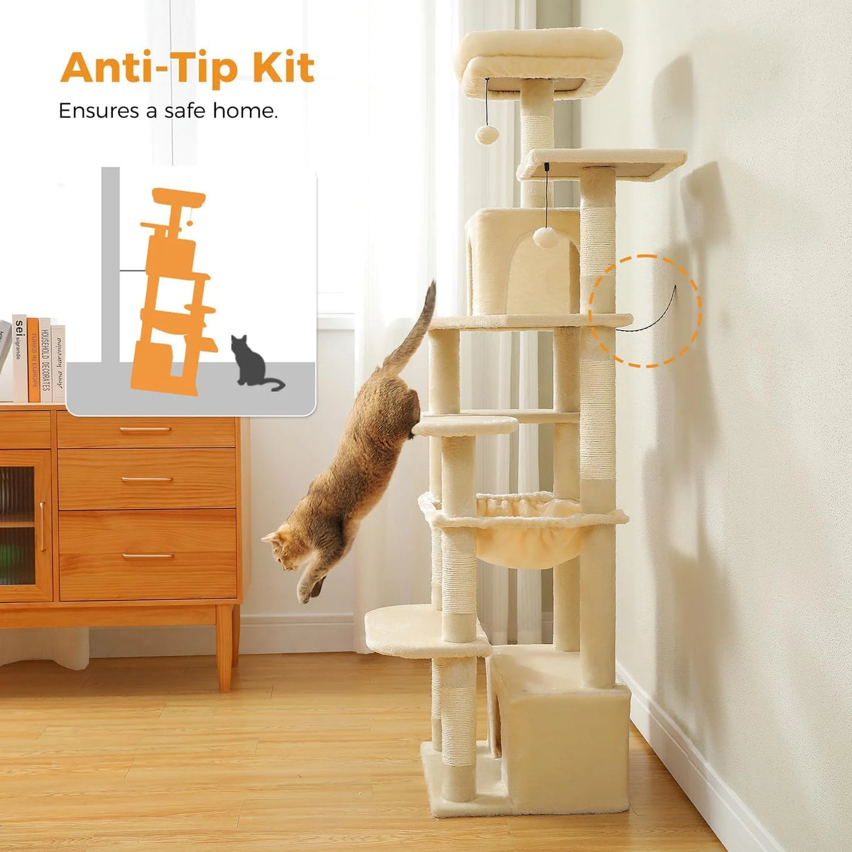 PAWZ Road 164 cm krabpaal voor katten - beige kattentoren met hangmat