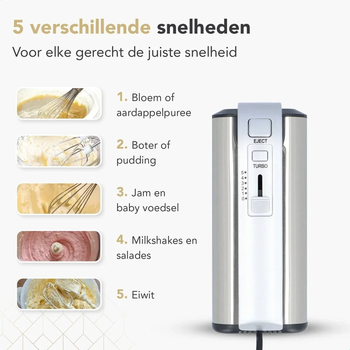 Staafmixer met mengkom - keukenmachine - 5 snelheden - roestvrij staal