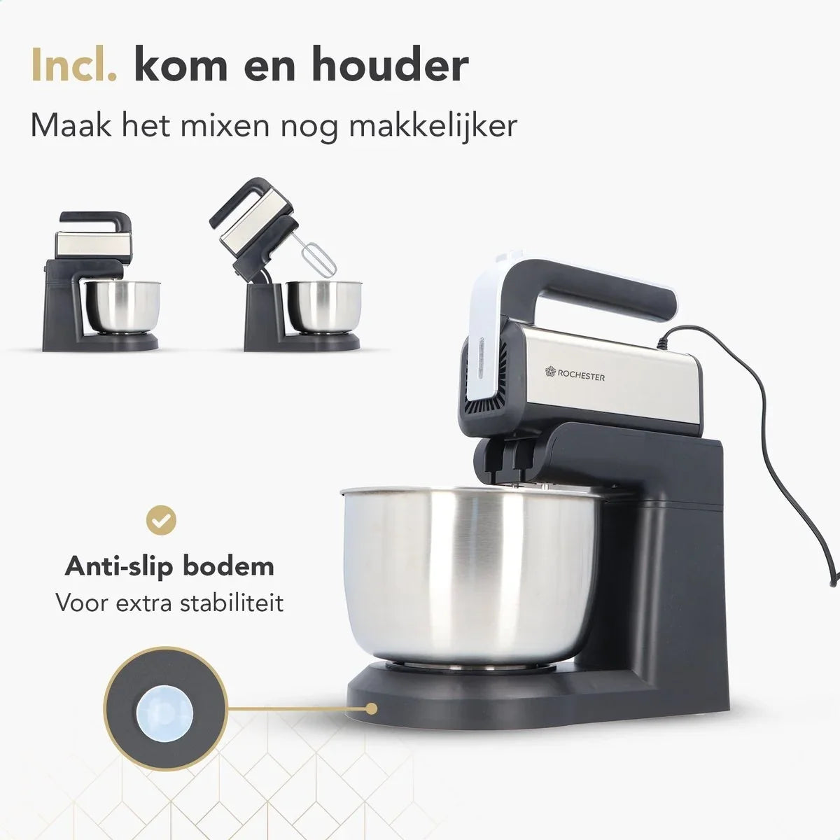 Staafmixer met mengkom - keukenmachine - 5 snelheden - roestvrij staal
