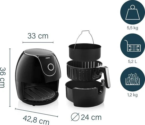 Princess 182055 Aerofryer XXL Hetelucht friteuse 5,5 liter 1700 Watt zwart