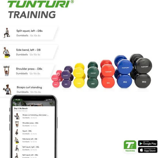 Tunturi Dumbell set - 2 x 4,0 kg - Vinyl - Blauw - Incl. gratis fitness app