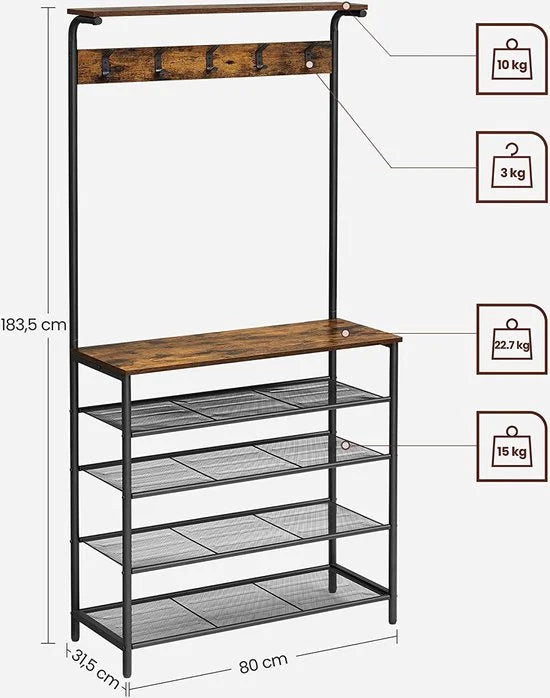 kapstok, kledingrek, kapstok met 5 dubbele haken, schoenenrek met 5 niveaus, een plank bovenop, voor flats, slaapkamers, gangen, industrieel ontwerp,