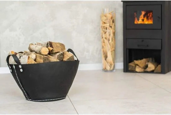 Rubberen boomstammand van gerecyclede oude banden, brandhoutmand, 2 handgrepen, hoogte 34 cm, diameter bovenkant 51 cm