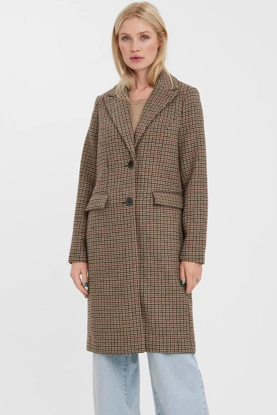 Vero Moda Jas Vmblast Check Long Wool Jacket Ga 10273533 Tan/houndstoot Dames Maat - S