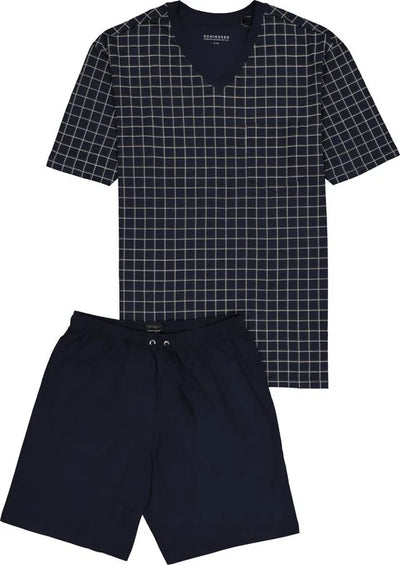 Schiesser heren shortama - blauw geruit -  Maat XXXXXL