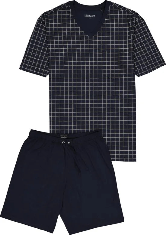 Schiesser heren shortama - blauw geruit -  Maat XXXXXL