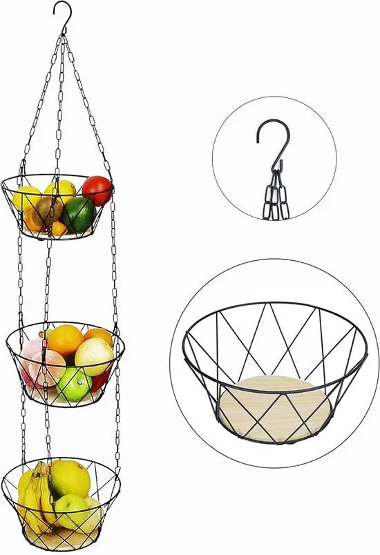 Hangende Fruitmand - 3-laags - Fruitschaal - Keukenhanger 3 manden - Fruithangmand - Zwart