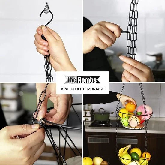Hangende Fruitmand - 3-laags - Fruitschaal - Keukenhanger 3 manden - Fruithangmand - Zwart