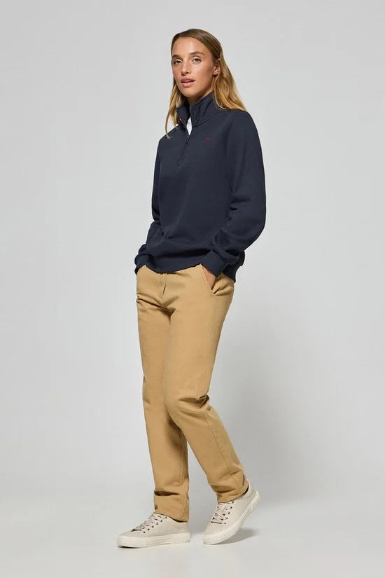 Marineblauwe sweater met halve rits en Rigby Go-logo