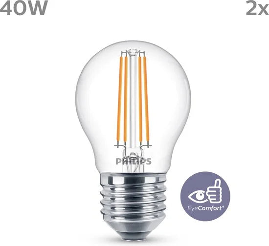 Philips energiezuinige LED Kogellamp Transparant - 40 W - E27 - warmwit licht  - 2 stuks - Bespaar op energiekosten