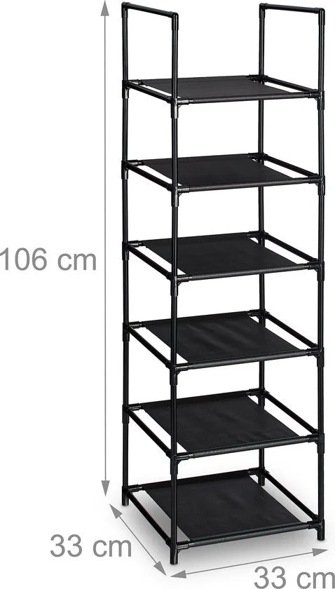 schoenenrek - 6 etages - 106 x 33 x 33 cm - smal - steeksysteem - zwart-grijs