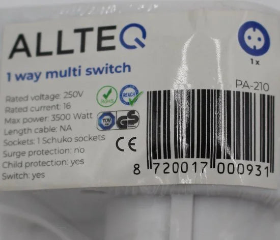 Allteq - Stopcontact schakelaar - Wit - Randaarde