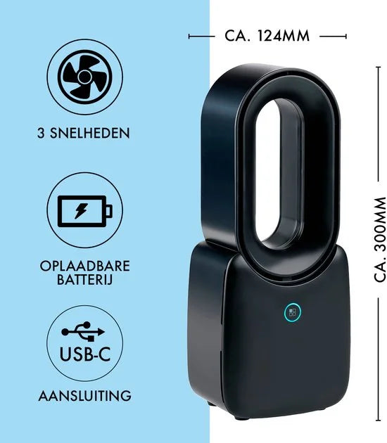 Lifetime Air Bladeloze Ventilator - Stille Ventilator Met Drie Snelheden - Draadloze Bureau Ventilator - Tafel Ventilator met LED Mood Light - USB-C