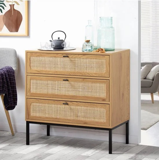 CALICOSY - Dressoir met 3 lades gevel rotan 80x39x79cm