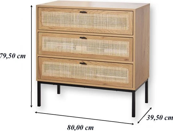 CALICOSY - Dressoir met 3 lades gevel rotan 80x39x79cm