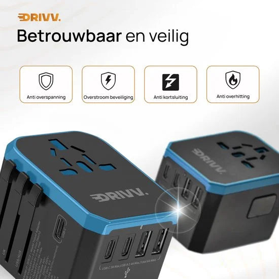 Drivv. Universele Wereldstekker - 2x USB & 3x USB C Fast Charge - Reisstekker Amerika / Engeland / UK / Canada / Thailand / Afrika/ Japan / Mexico /