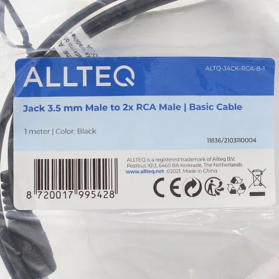 Jack naar tulp kabel 3.5 mm - Universeel - 3,5 mm jack naar 2x RCA Male - Zwart - 1 meter - Allteq