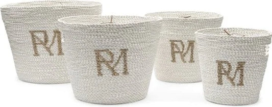 Riviera Maison Opbergmanden riet Wit en rond 4 stuks - RM Monogram decoratieve mand met RM logo