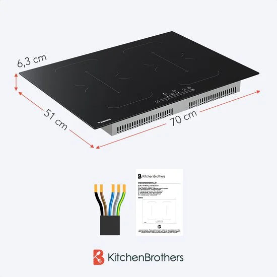KitchenBrothers Inductie Kookplaat - Inbouw Inductieplaat - 70 cm - 4 Zones - 2x Flexzone - 1 en 2 Fase - Tot 2800W - Zwart