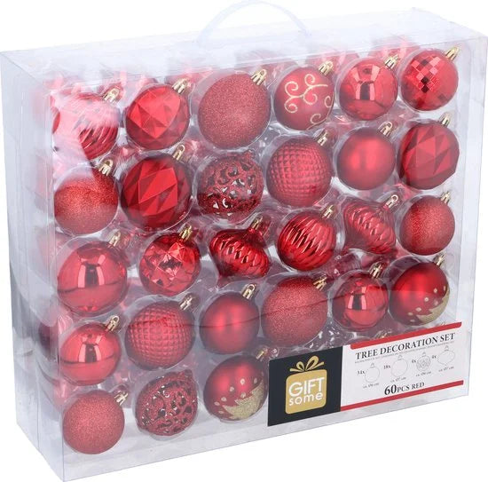 Giftsome Rode Kerstballen Set - 60 Stuks Kunststof Kerstballen - Ø6/7 cm