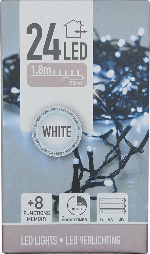 Kerstverlichting op batterijen - 8 functies - 24 LED's - 1.8 meter - Wit Licht