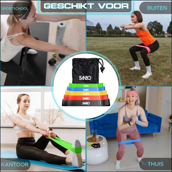 Sanbo Weerstandsbanden - set van 5 stuks - Extra sterk tot 18kg - 5 Kleuren - Incl. Opbergzakje - Resistance band set - Fitness Elastiek - Booty Band