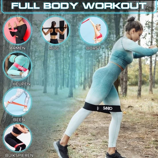 Sanbo Weerstandsbanden - set van 5 stuks - Extra sterk tot 18kg - 5 Kleuren - Incl. Opbergzakje - Resistance band set - Fitness Elastiek - Booty Band