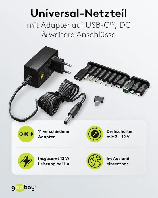Goobay universele voedingsadapter | 3-12V | 12W | 11 pluggen | 1,8 meter