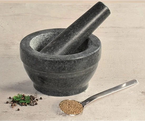 Granieten Vijzel Ø 16 cm met Stamper van Graniet | Fijnstampen en vermalen van Kruiden of  maken van Dressings | Materiaal: Graniet | Afm. 16 x 16 x