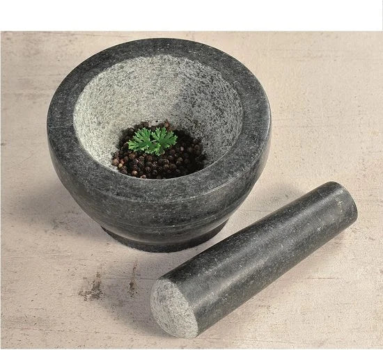 Granieten Vijzel Ø 16 cm met Stamper van Graniet | Fijnstampen en vermalen van Kruiden of  maken van Dressings | Materiaal: Graniet | Afm. 16 x 16 x