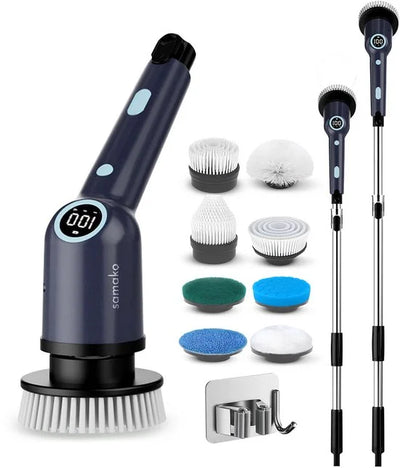 Samako Elektrische Schoonmaakborstel - Elektrische Schrobber - IPX6 waterdichte Schrobborstel met steel - 9 opzetstukken - Poetsmachine - Schrobmachi