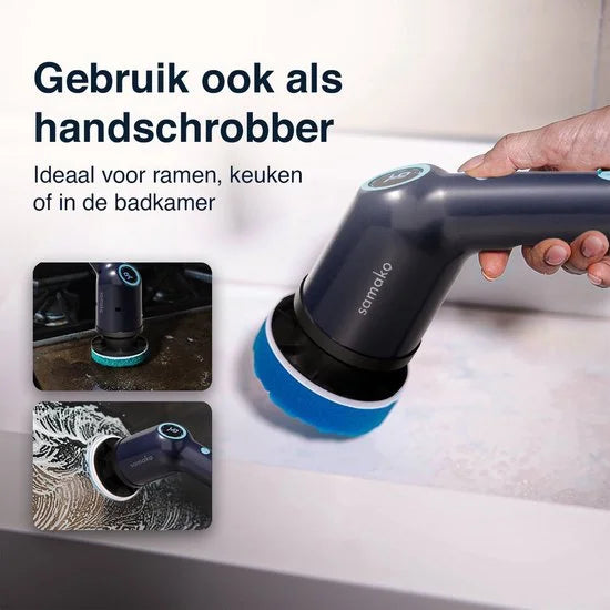 Samako Elektrische Schoonmaakborstel - Elektrische Schrobber - IPX6 waterdichte Schrobborstel met steel - 9 opzetstukken - Poetsmachine - Schrobmachi