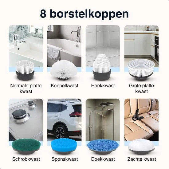 Samako Elektrische Schoonmaakborstel - Elektrische Schrobber - IPX6 waterdichte Schrobborstel met steel - 9 opzetstukken - Poetsmachine - Schrobmachi