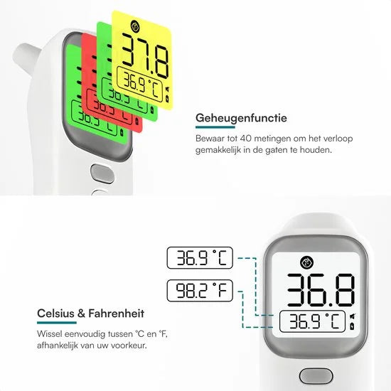 Mecura Digitale Oorthermometer & Koortsthermometer voor Volwassenen en Kinderen - Infrarood Thermometer Baby Voorhoofd en Oor - Koorts & Lichaam Infr