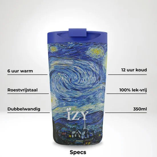 IZY Drinkfles - Van Gogh - Starry Night - Inclusief donatie - Koffiebeker to go - Thermosbeker - RVS - 6 uur lang warm - 350 ml