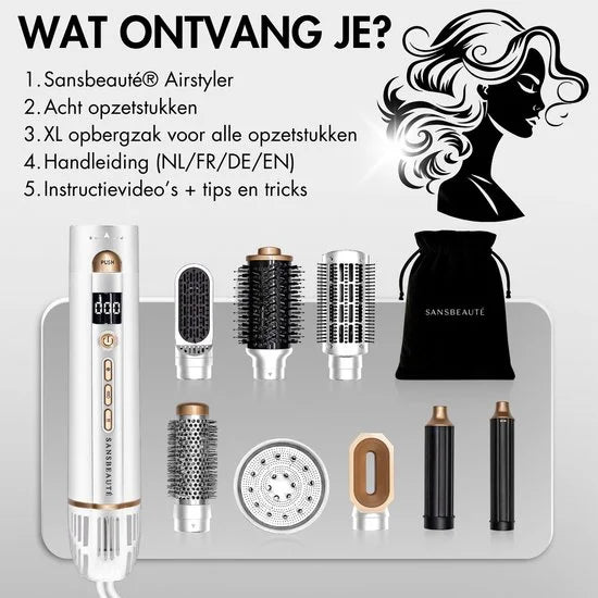 Sansbeauté® 8-in-1 Airstyler met Diffuser - Multistyler - Föhnborstel Kort Haar - Haarkruller - Haarstyler - Haardroger - Warmteborstel - Krulborstel