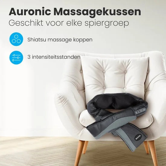 Auronic Shiatsu Massagekussen Draadloos - Elektrisch Nekmassage Apparaat - Infrarood Massage Apparaat - Nek en Schouder - Zwart/Grijs