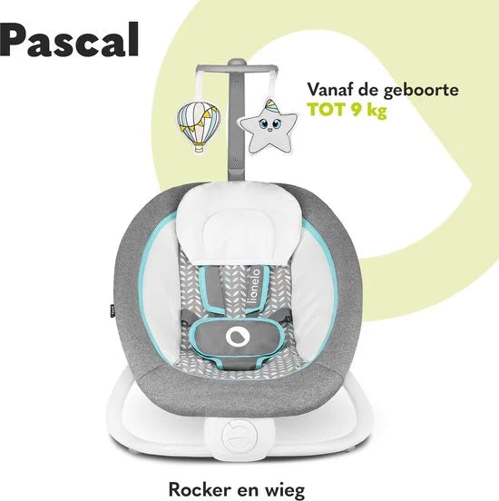Lionelo Pascal - Baby Wipstoel & Bouncer - met Zachte Trillingen - 12 Melodieën - Verstelbare Rugleuning - Speelboog met Speelgoed - 5-Puntsgordel -