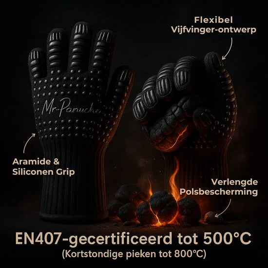 MR. PANACHE Ovenhandschoenen (2 stuks) - EN407 Certificaat - tot 500°C - Ovenwanten - Hittebestendige BBQ Handschoenen - Barbecue en Oven handschoene