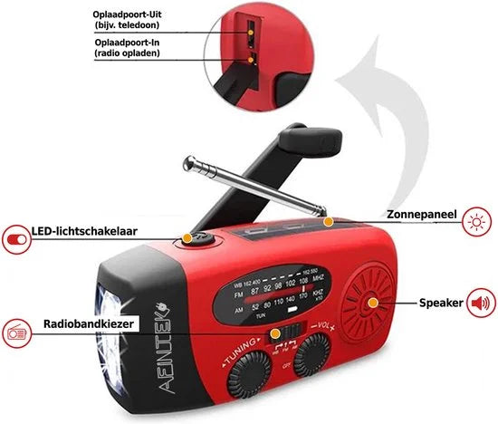 AFINTEK Noodradio Solar - 2000mAh Powerbank - LED Zaklamp - Opwindbaar via Handcrank & Zonne-energie - AM/FM - Voor Noodpakket & Camping - Rood