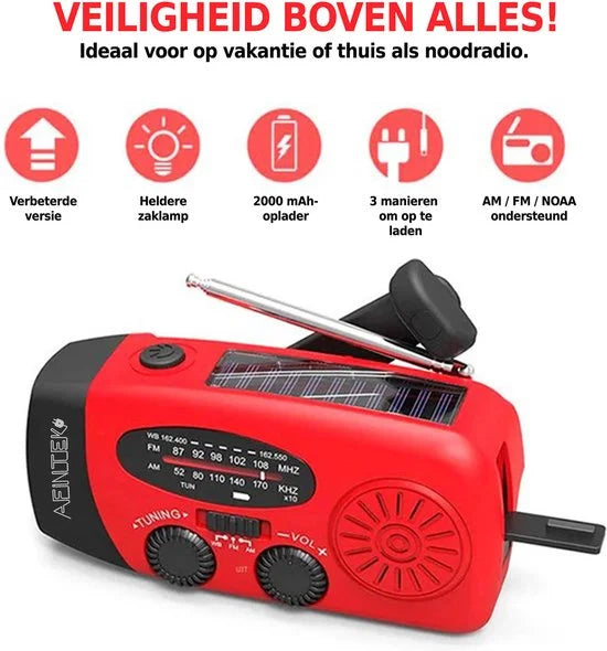 AFINTEK Noodradio Solar - 2000mAh Powerbank - LED Zaklamp - Opwindbaar via Handcrank & Zonne-energie - AM/FM - Voor Noodpakket & Camping - Rood