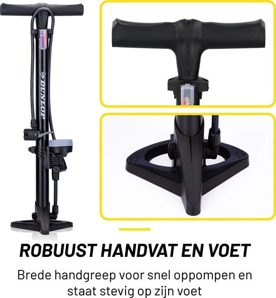 Dunlop Staande Fietspomp Pro uitvoering - Analoge Drukmeter - Dubbele Ventielkop - Zwart
