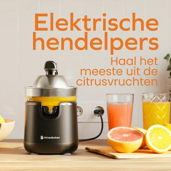 KitchenBrothers Citruspers - Elektrische Sinaasappelpers en Citroenpers - Met Uitloop en Pershendel - Compact - 0.35L - Zwart