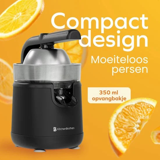 KitchenBrothers Citruspers - Elektrische Sinaasappelpers en Citroenpers - Met Uitloop en Pershendel - Compact - 0.35L - Zwart
