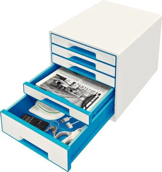 Leitz WOW Cube Ladenblok Met 5 Laden - Opberger met Vakken - Voor Kantoor En Thuiswerken - Ideaal Voor Thuiskantoor - Wit/Blauw