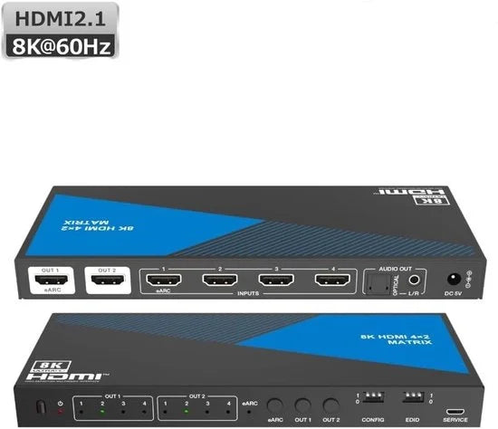 Nördic 8K HDMI 2.1 eARC/ARC Matrix Switch - 4 in 2 uit - Audio Extractor met Toslink & Stereo - HDMI CEC, Dolby Atmos, DTS-HD
