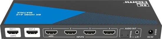 Nördic 8K HDMI 2.1 eARC/ARC Matrix Switch - 4 in 2 uit - Audio Extractor met Toslink & Stereo - HDMI CEC, Dolby Atmos, DTS-HD