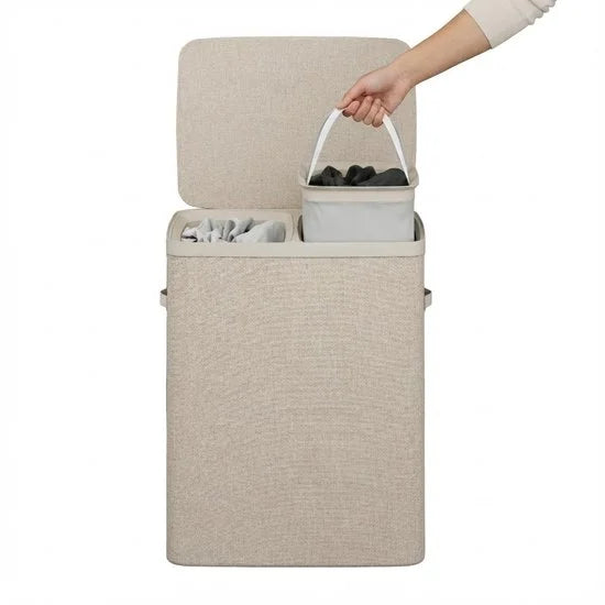 MAZAZU Wasmand 2 Vakken 100L – Deksel & Wassorteerder met Uitneembare Zakken - Beige