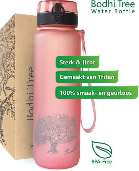 Bodhi Tree® Motivatie Waterfles 1 Liter - Tijdmarkeringen Nederlands - 100% Lekvrij - BPA vrij - Motivatiefles 1l - Motiverende Drinkfles - Roze