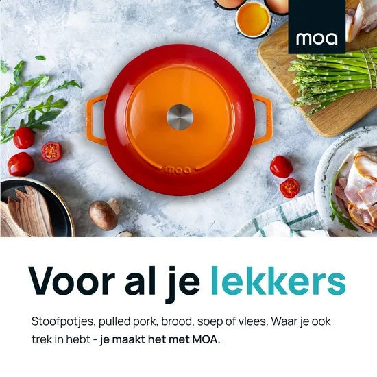 MOA Gietijzeren Braadpan - 7,2L Stoofpot - Voor Alle Warmtebronnen incl. Inductie - Met Deksel - Ø 30cm - Anti-Aanbaklaag - PFAS-vrij - Oranje